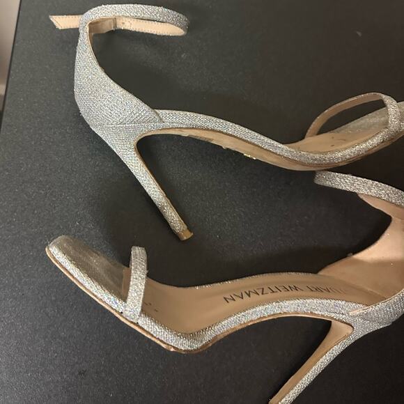 Stuart Weitzman Nudistcurve Glitter Ankle Strap Sandals Silver Crystal Size 8.5 - Picture 9 of 13